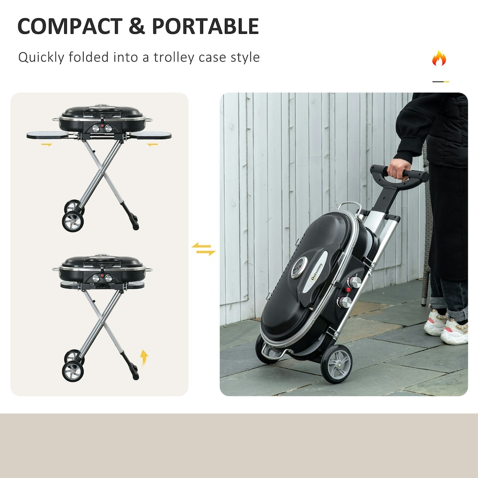 image 1 of Outsunny Foldable 2 Burner Gas BBQ Grill Trolley w/ Side Shelves Storage Pocket
