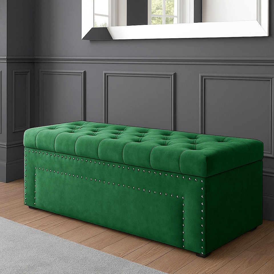 image 1 of 90cm Duke Ottoman Storage Box -Upholstered Blanket Box - Forest Green Plush Velvet Multifunctional Storage Box