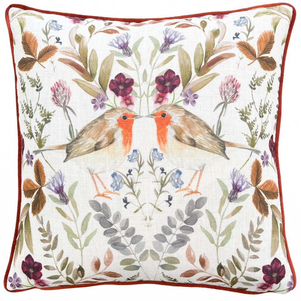 image 1 of Evans Lichfield Mirrored Robin Watercolour Printed Piped Cushion, Sunset, 43 x 43cm