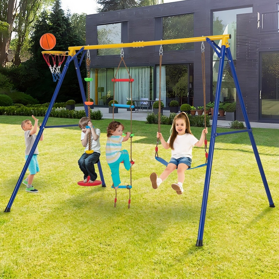 image 1 of COSTWAY 300 kg Heavy Duty Swing Set Backyard 4-in-1 Kids Swing Set Outdoor Playset