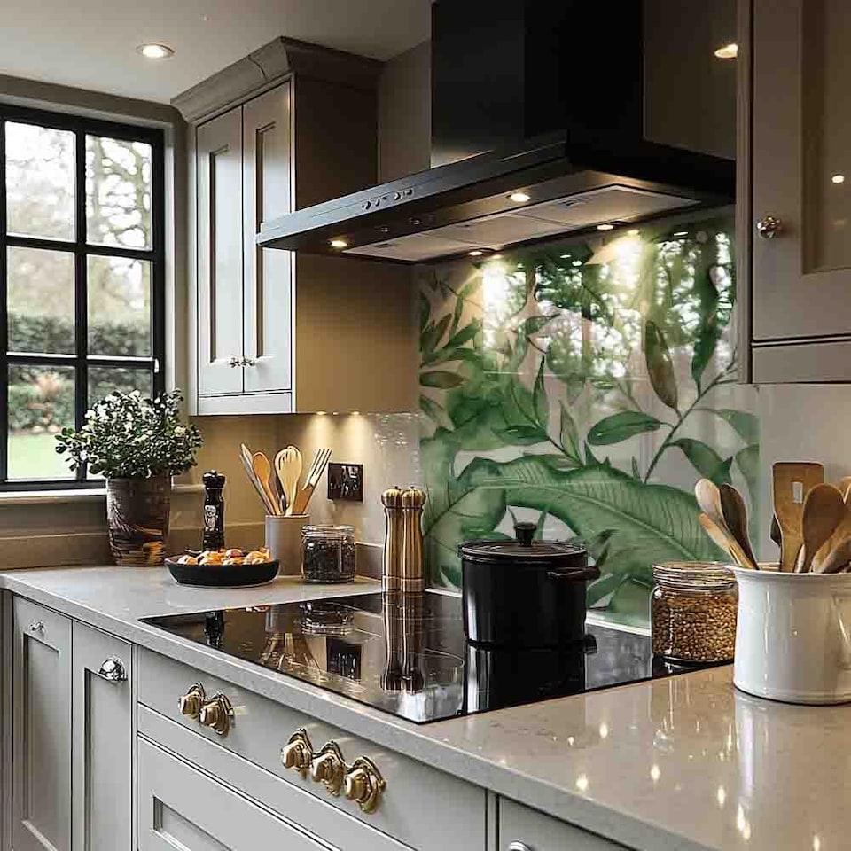 image 1 of Watercolour Green Tropical Leaves Splash Back | White
