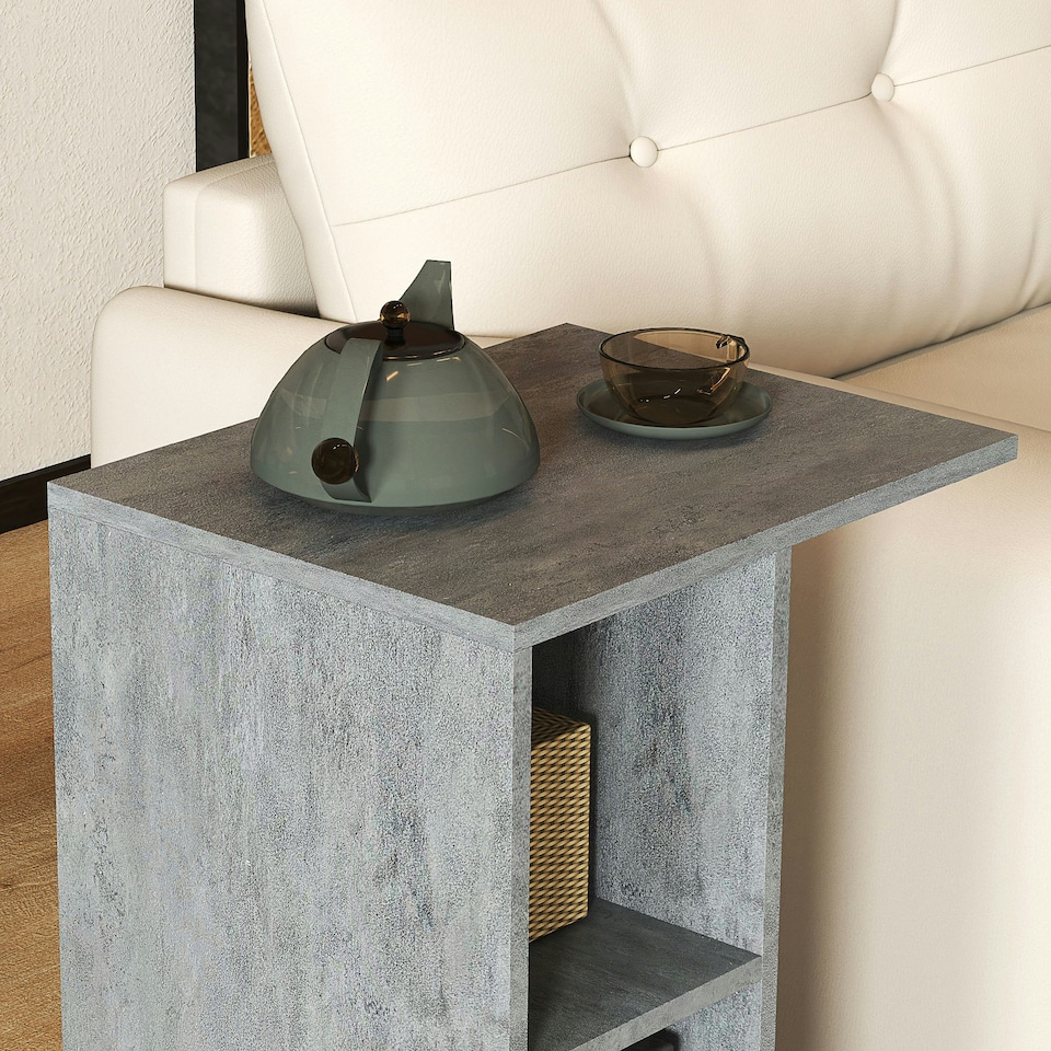 image 1 of C-Shape End Table Unique Storage Unit w/ 2 Shelves 4 Wheels Home Office Grey