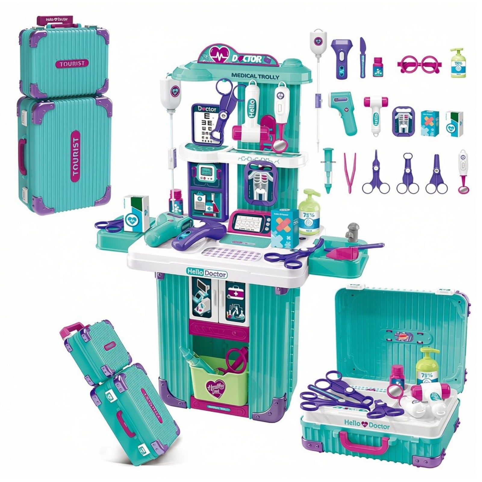 Interactive Doctor Playset with Medical Trolley Cart Pretend Medical Tool Box Play Toy for Kids, Toddlers - Includes Doctor Tools & Accessories