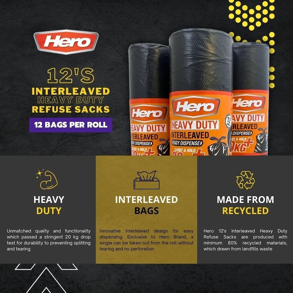 image 1 of Hero 90L Extra Heavy Duty Black Bin Bags – Strong Refuse Sacks | 12 Bags per Roll for Household, Garden & Commercial Use