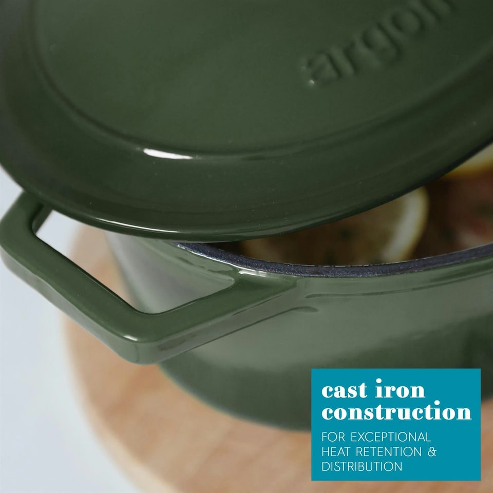 image 1 of Argon Tableware 4.68L Oval Cast Iron Casserole Dish with Self-Basting Lid - 4.95QT Dutch Oven Roasting Dish Pot | Green | Green | 1