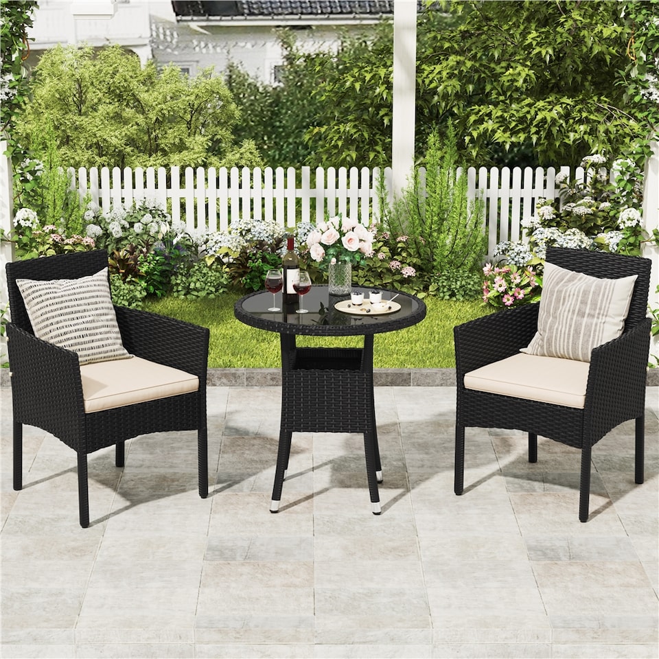 image 1 of Yaheetech 3-Piece Rattan Furniture Set, Woven PE Rattan Chairs & 1 Tempered-Glass Side Table-Black&Beige | Multi | Black/Beige