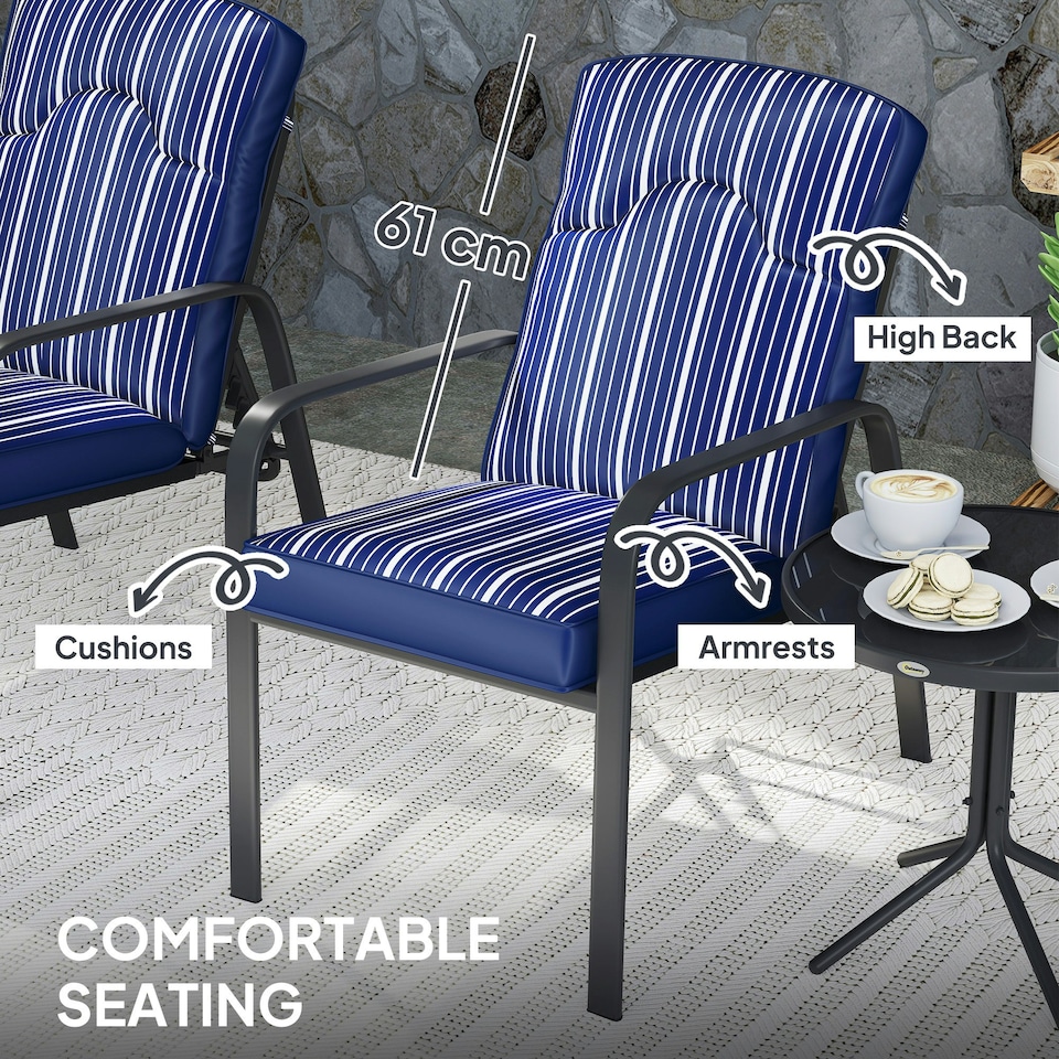 image 1 of Outsunny 3-Piece Recliner Garden Chairs and Tempered Glass Table Set, Blue