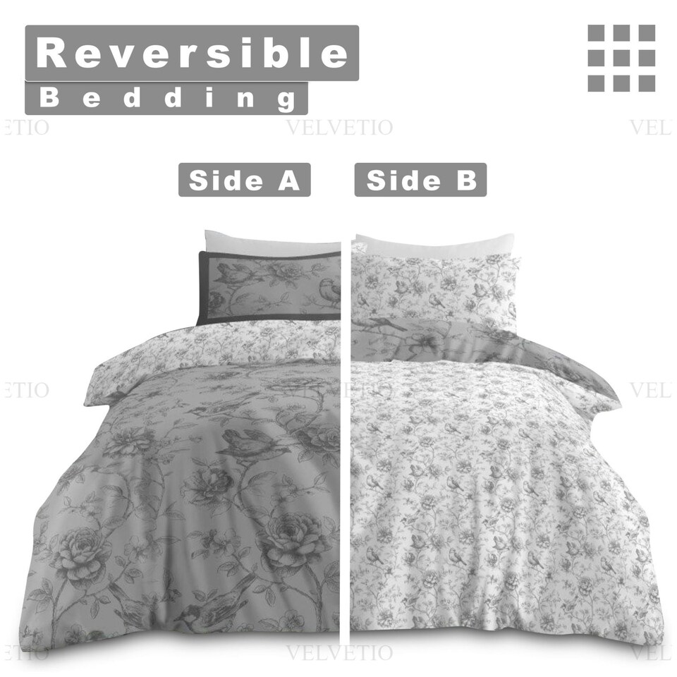 image 1 of VELVETIO Rosa Complete Duvet Cover Set with Fitted Sheet Soft Polycotton Bedding Sets Grey | King