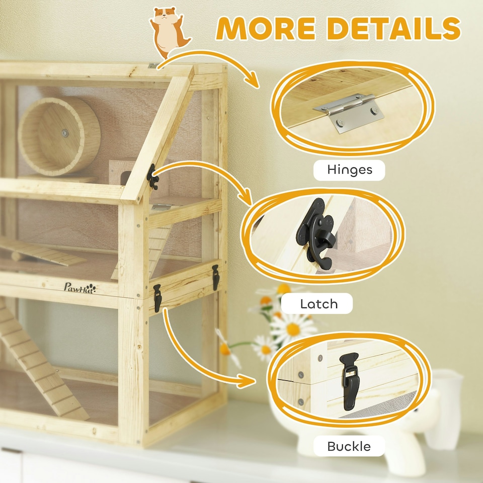image 1 of PawHut Wooden Hamster Cage w/ Detachable Bottom, Hut, Seesaw, Natural
