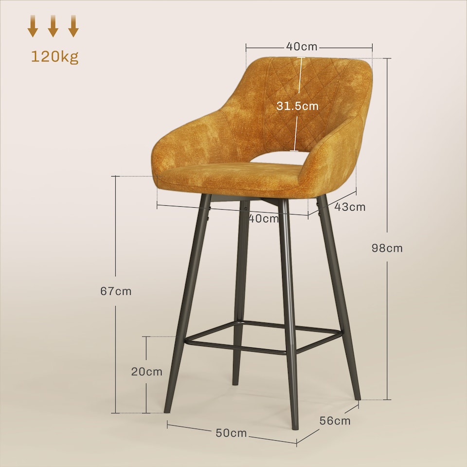 image 1 of HOMCOM Bar Stools Set of 2, Velvet-Touch Fabric Counter Height Bar Chairs, Kitchen Stools with Steel Legs for Dining Area, Kitchen Island Barstools, Brown