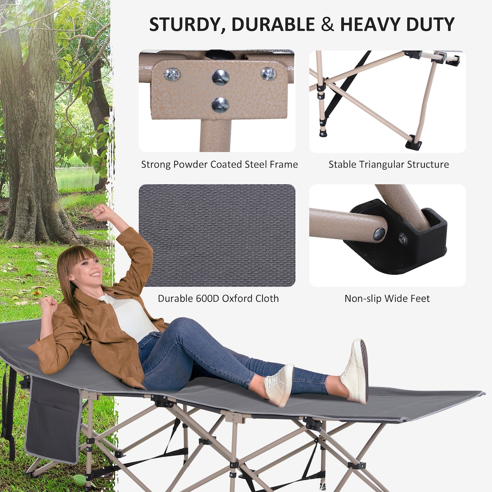 image 1 of Outsunny Single Person Camping Bed Folding Cot Outdoor Patio Portable Military Sleeping Bed Travel Guest Leisure Fishing with Side Pocket and Carry Bag - Grey