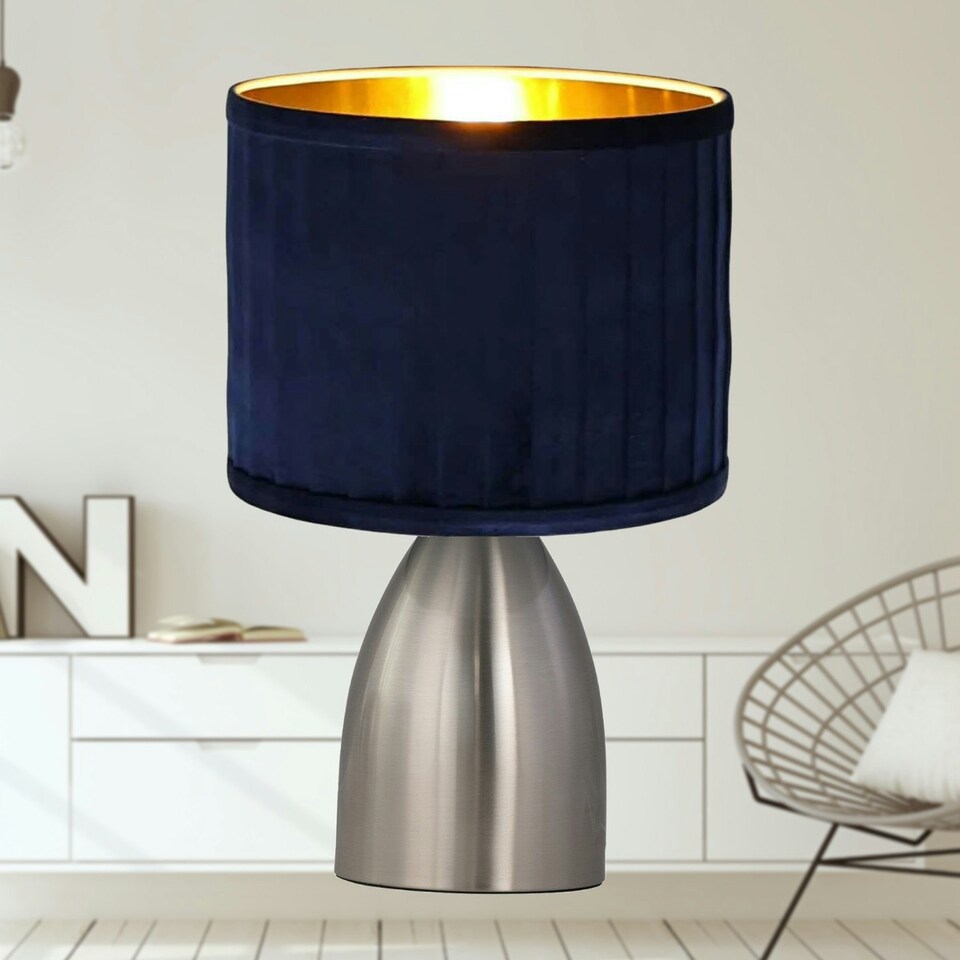 image 1 of First Choice Lighting Valentina Brushed Chrome Touch Lamp with Navy Pleated Velvet Shade Silver | Blue
