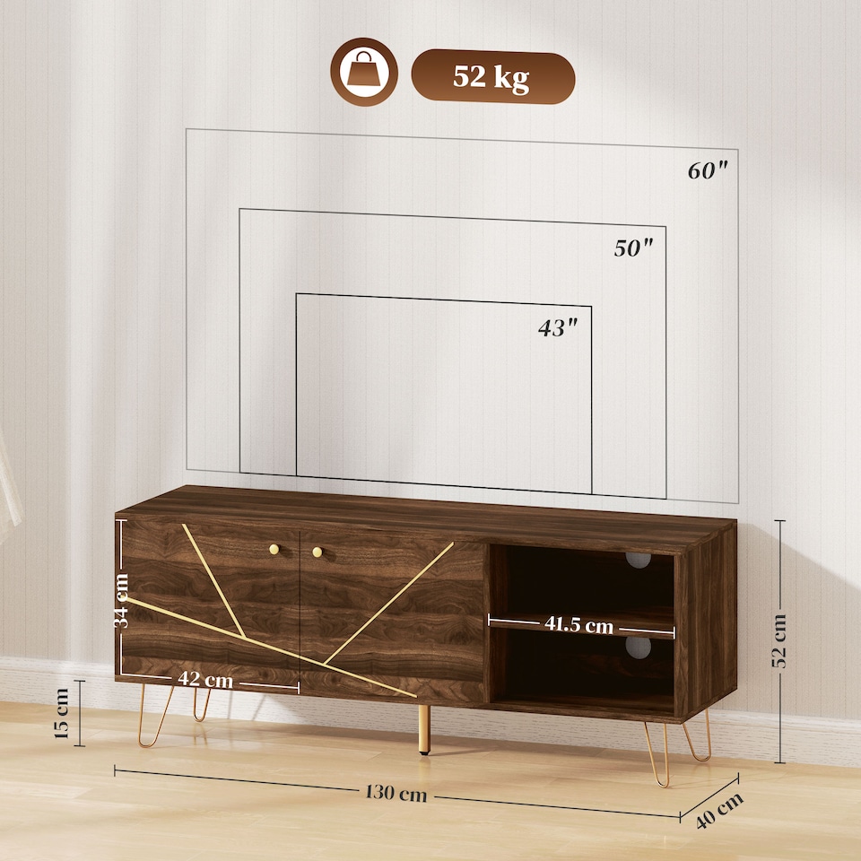 image 1 of HOMCOM TV Stand Cabinet for up to 60 Inch TV, Modern 130cm TV Unit with Adjustable Shelves and Hairpin Legs, Double Door TV Cabinet for Living Room, Bedroom, Brown | Brown | 1