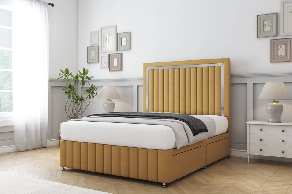 image 1 of Sloomy Boston Chrome Mustard Plush Divan Bed With Mattress 2 Drawers Right Side With 26" Strutted Headboard & 12" Matching Footboard 4'6 Double | Gold | Mustard | Double | 1