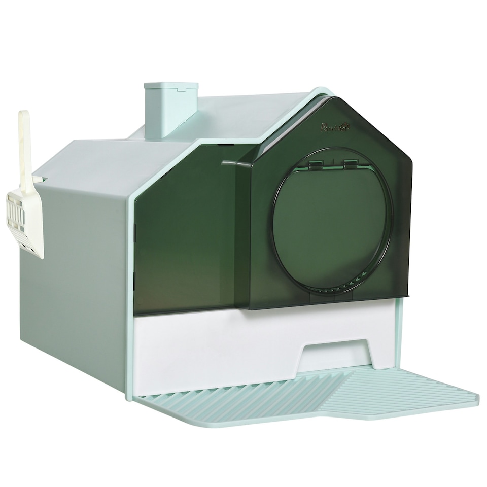 image 1 of PawHut Hooded Cat Litter Tray w/ Scoop, Drawer Pan Handle Deodorants Light Blue