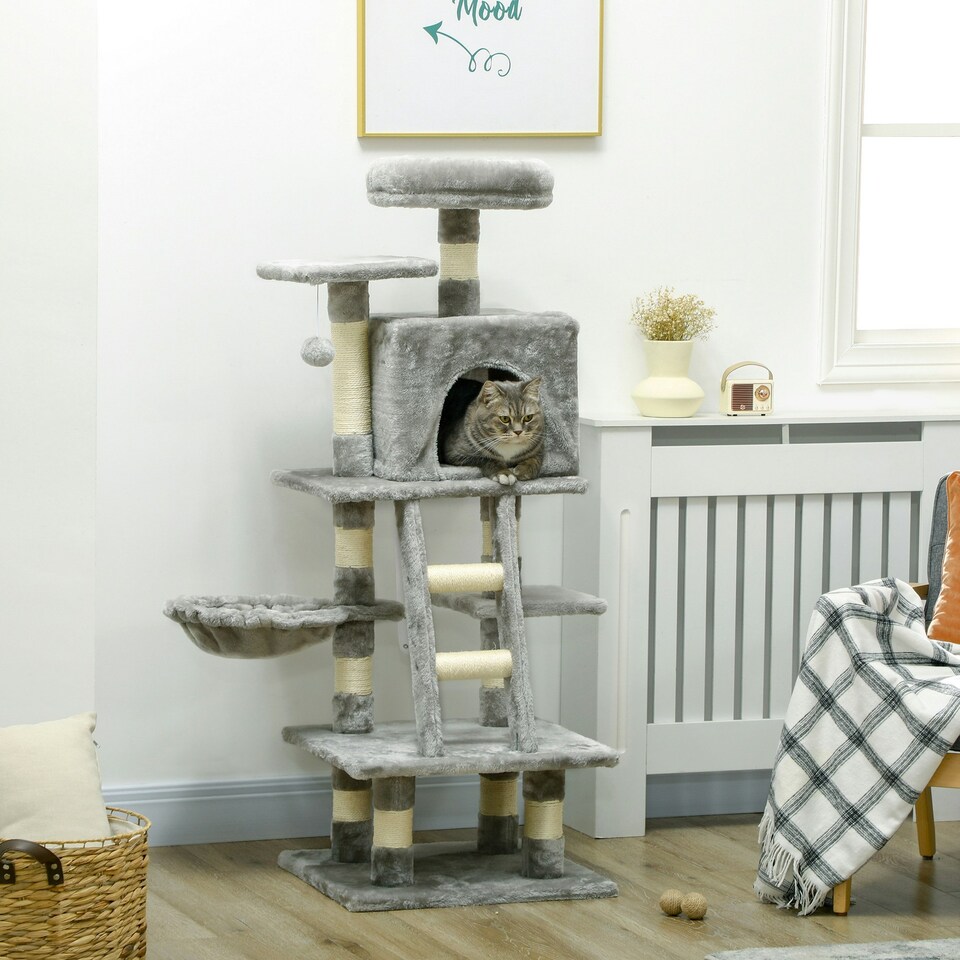 image 1 of PawHut 132cm Cat Activity Centre for Large Cats with Scratching Posts Grey