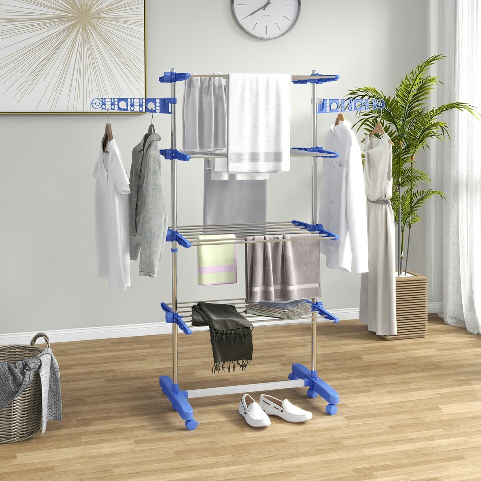 image 1 of HOMCOM 4-Tier Large Clothes Airer Steel Clothes Drying Rack Blue