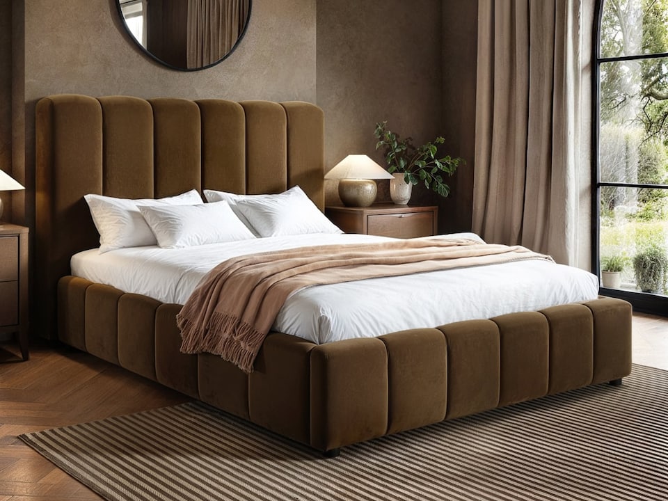image 1 of SOLACE+CO Emilie Ribbed Ottoman Kingsize Bed Brown Velvet