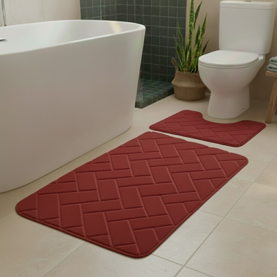 image 1 of 2 Piece Block Design Memory Foam Bath Mat Set Soft Absorbent Non-Slip Bathroom | Red