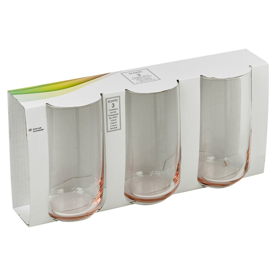 image 1 of Modern Drinking Coloured Glasses Water Dining Juice Tumbler | Clear | Pink 365ml | Set of 12