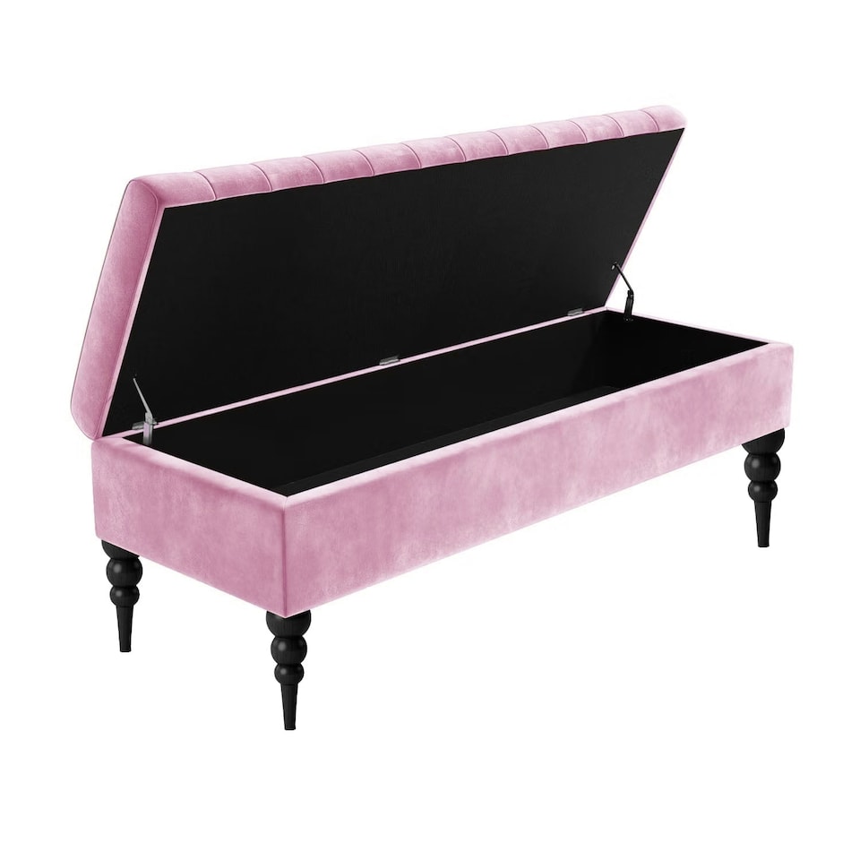 image 1 of 120cm Sierra Striped Ottoman Storage Bench with Black Turned Wooden Legs - Pink Plush Velvet Upholstered Shoes Bench