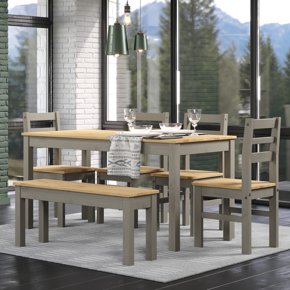 image 1 of Corona Grey Rectangular Dining Table with 4 Grey Pine Chairs & 1 Grey Pine Double Bench - Contemporary Dining Set | Grey | Antique Waxed Pine | One Size | 1