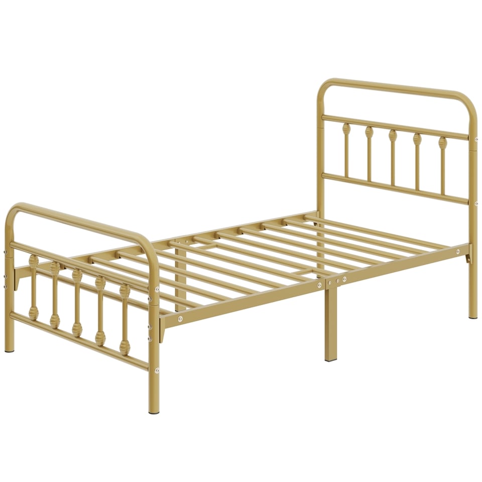 image 1 of Yaheetech Vintage Iron Platform Bed with High Headboard and Footboard-190 cm L x 90 cm W | Gold | Antique Gold | Single | 1