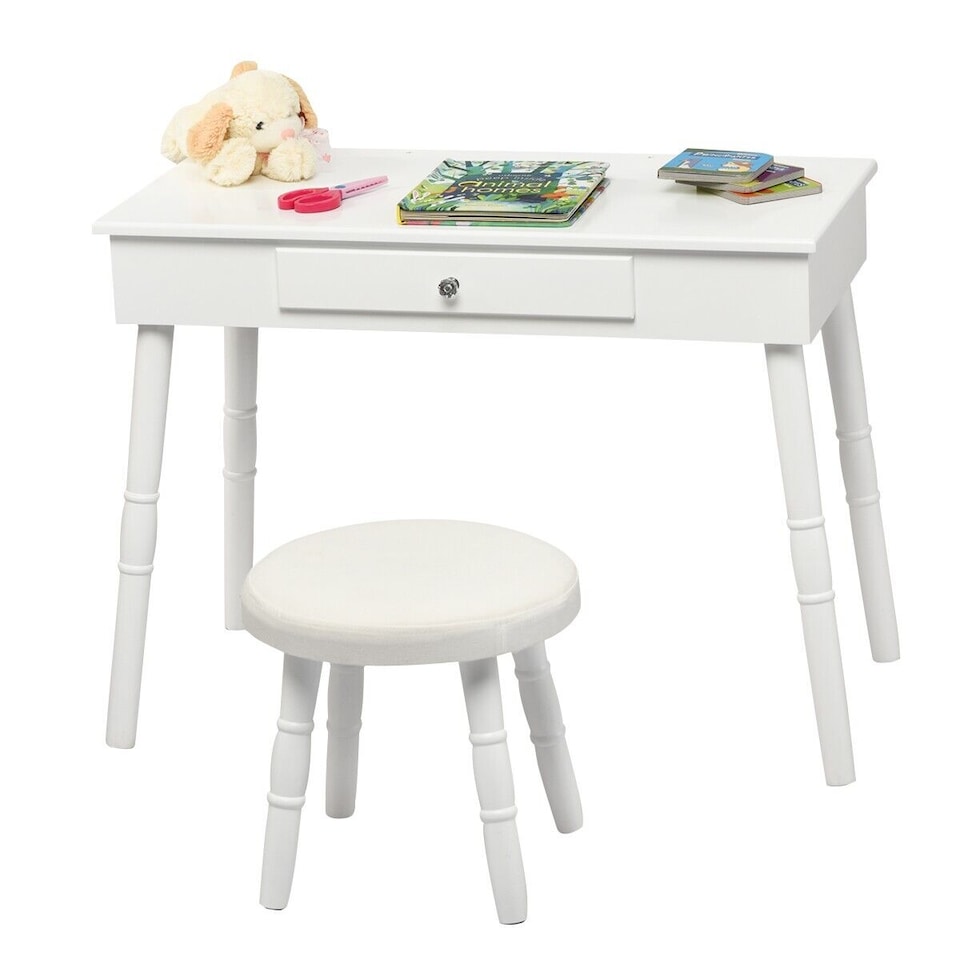image 1 of COSTWAY Pretend Makeup Dressing Table Kids Vanity White