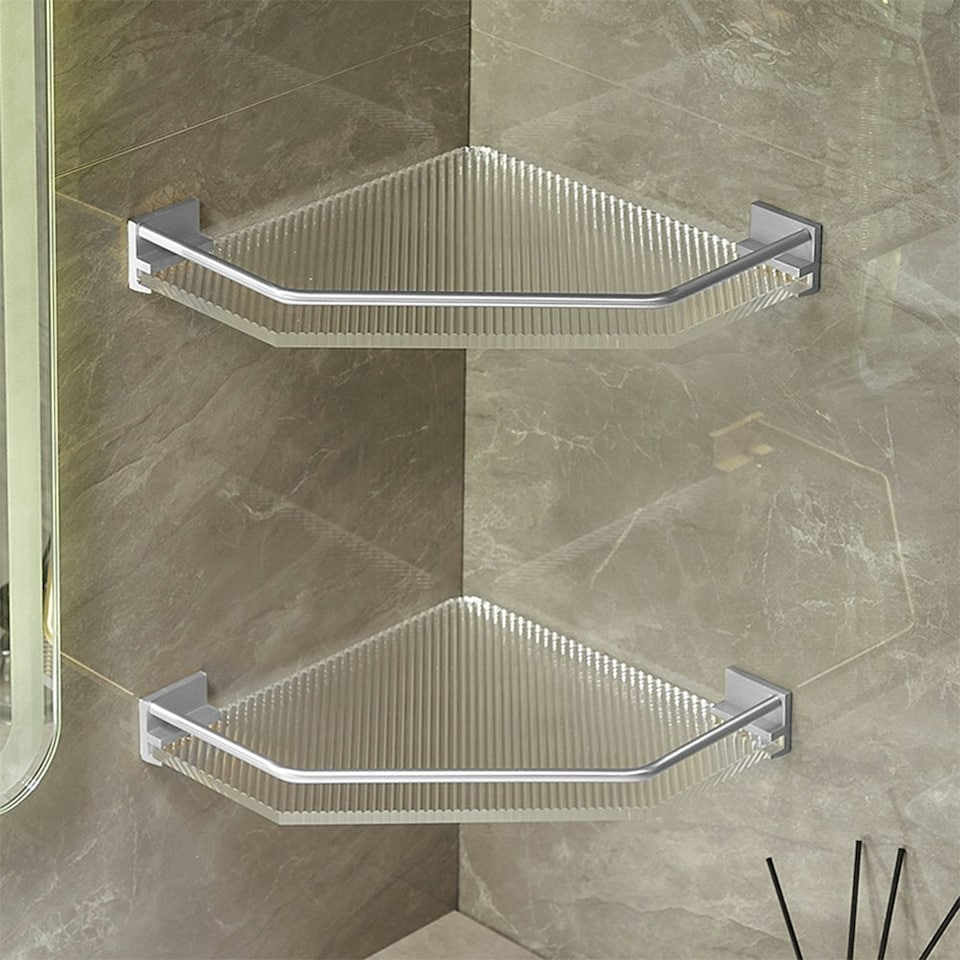 image 1 of Living and Home Acrylic Bathroom Corner Shelf Adhesive Shower Organiser Clear