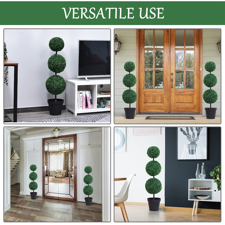 image 1 of Outsunny Set of 2 Artificial Boxwood Ball Topiary Trees Potted Decorative Plant Indoor Decor (112cm)