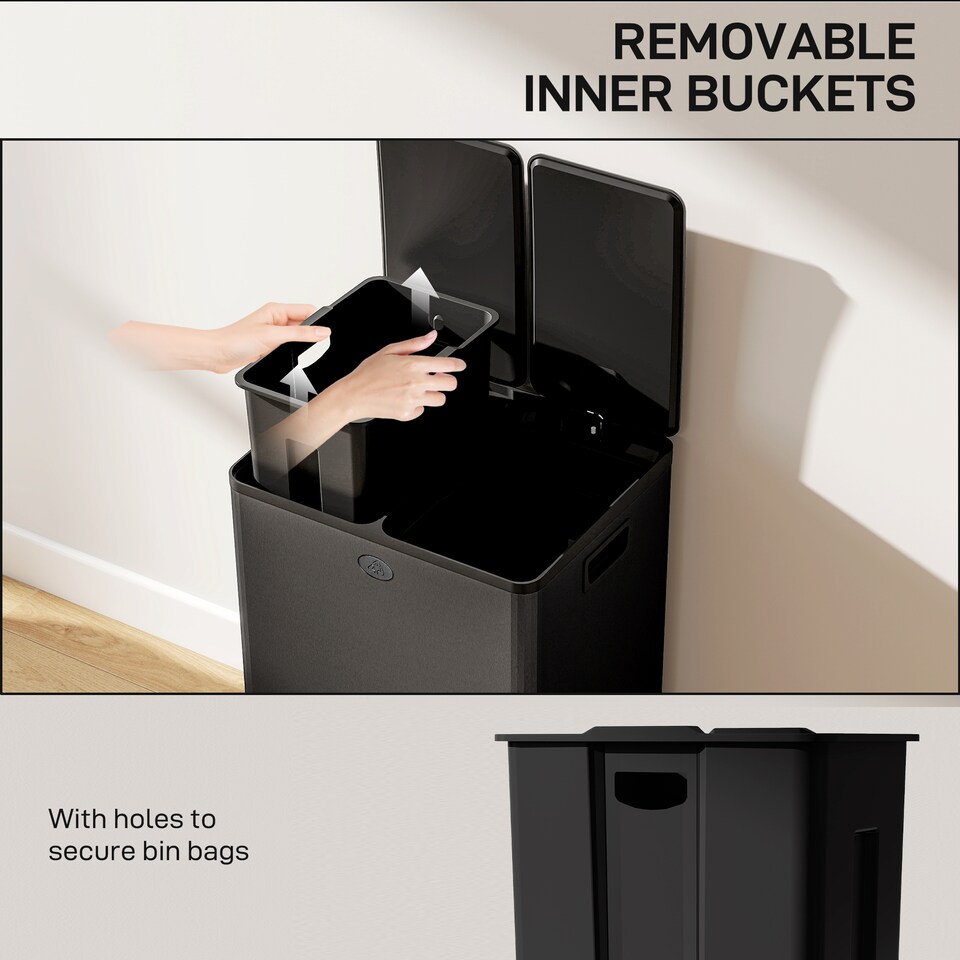 image 1 of HOMCOM Dual Kitchen Bin, 2 x 28L Stainless Steel Double Rubbish Bin with Soft Close Lid, Removable Inner Buckets, Fingerprint-Proof for Recycling and Waste, Black | Black | Black