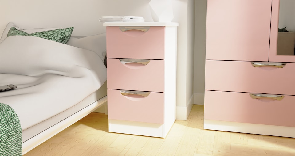image 1 of Holborn 3 Drawer Bedside Cabinet in Kobe Pink & White (Ready Assembled) | Pink | Kobe Pink & White