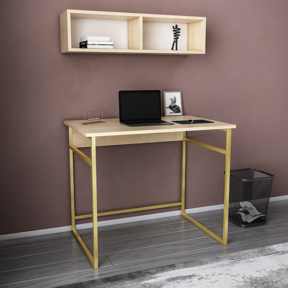 image 1 of Decorotika Hussum Metal Frame Computer Desk with Wall Shelf - 90 cm W x 75 cm H x 60 cm D