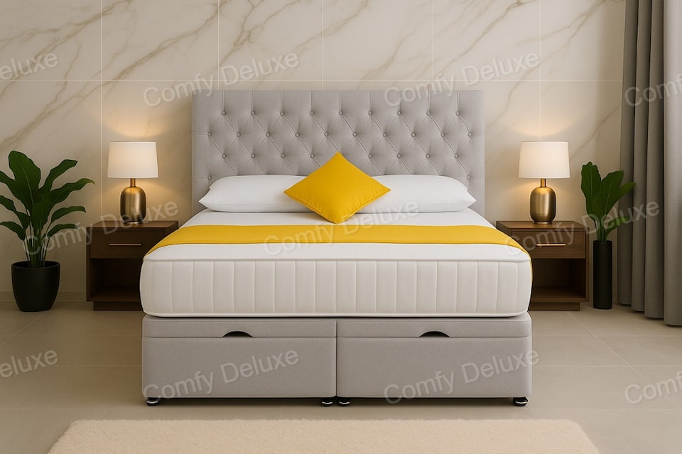 image 1 of Ottoman Chesterfield Silver Plush 3ft Single Bed Set With Headboard and Mattress