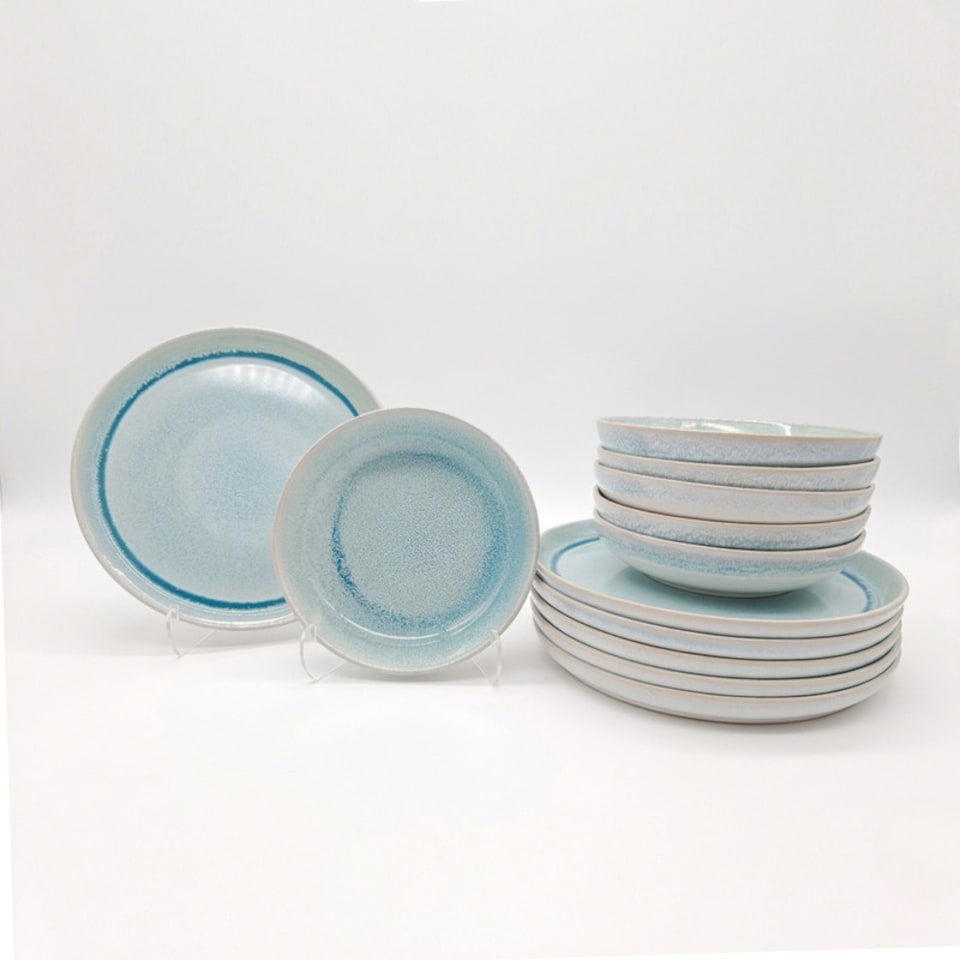 image 1 of Reactive Blue Glaze Dinner Set Plates Bowls 18pc Set