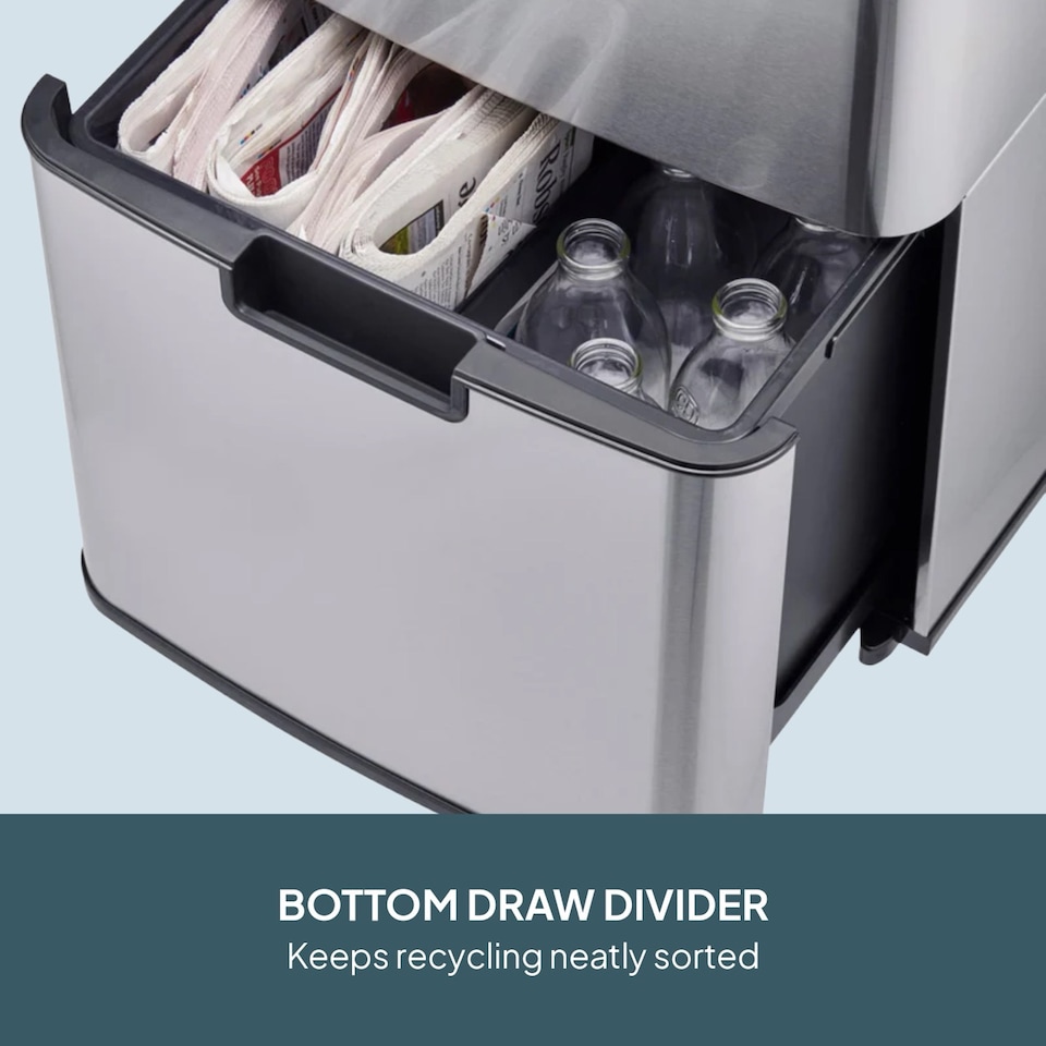 image 1 of Cooks Professional Recycling Sensor Bin 75L with Dual Compartments & Food Caddy | Silver | Silver