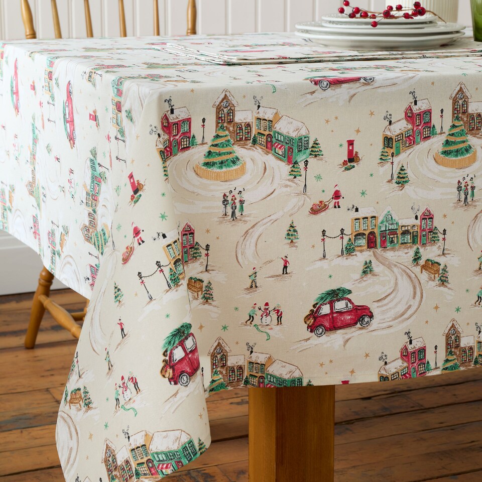 image 1 of Catherine Lansfield Christmas Town Cotton Table Cloth | Cream | Natural | 137 x 229 cm