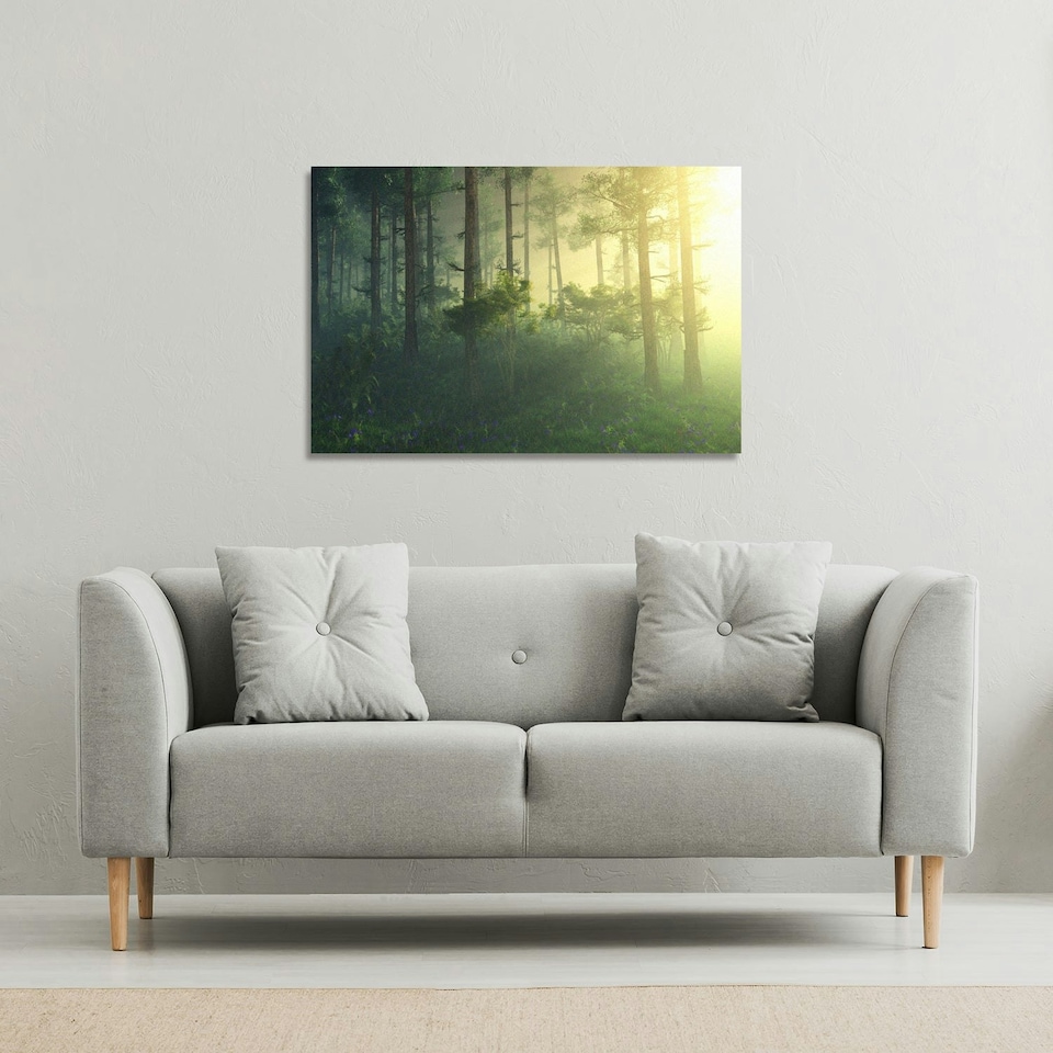 image 1 of sun, trees in a haze of light, glowing fog among the trees (Canvas Print) | Cream