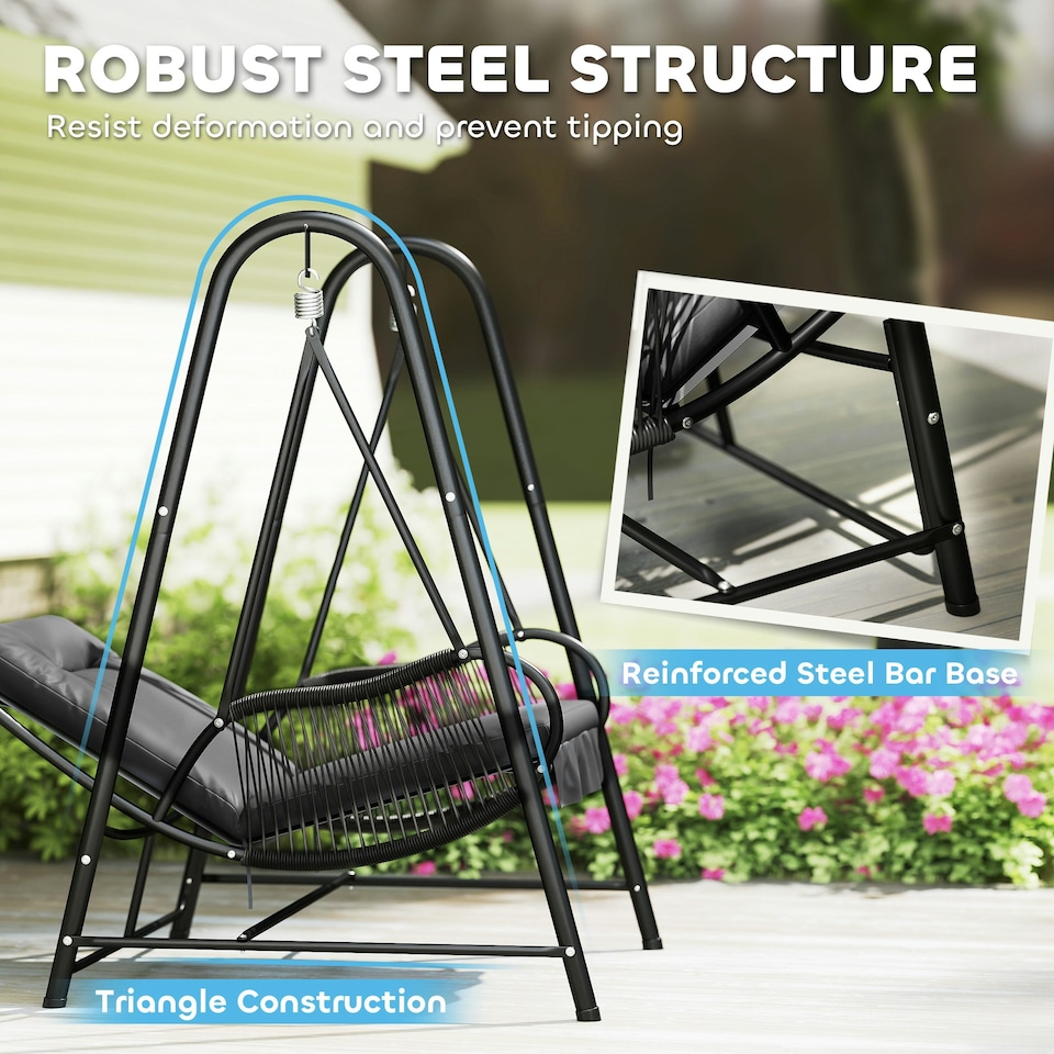 image 1 of Outsunny Rattan Swing Chair with Stand and Seat Cushion Grey | Dark Grey