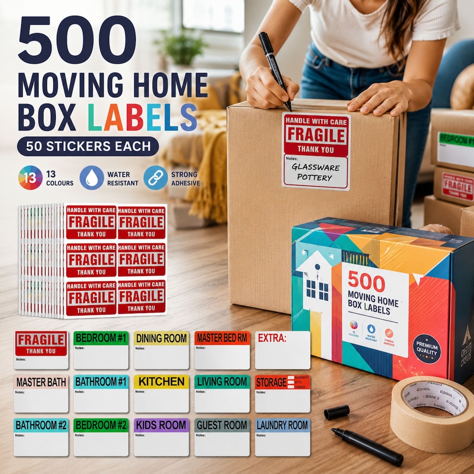 image 1 of 500 Moving Home Box Labels (50 Stickers Each) for Removals from Houses, Flats and Apartments