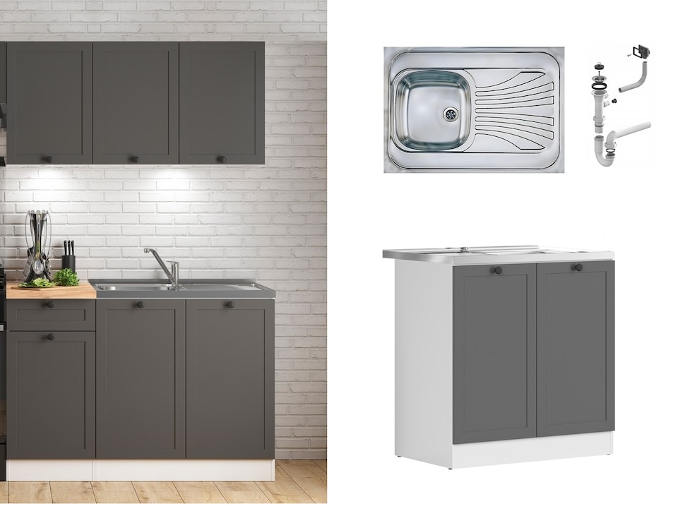 image 1 of Kitchen Sink and Base Unit All in One Under Sink 800mm Base Cabinet Shaker Dark Grey with Steel Sit On Lay On Sink Modern Junona