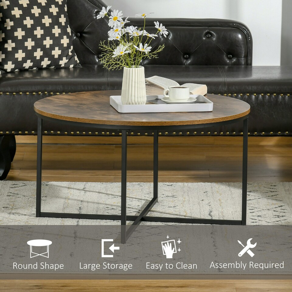 image 1 of HOMCOM Coffee Table Industrial Round Side Table w/ Metal Frame Brown