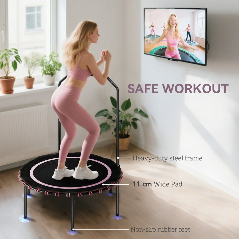 image 1 of SPORTNOW 40'' Foldable Fitness Trampoline, Mini Trampoline Bungee Rebounder with 5-Level Adjustable Handle for Adults Indoor Outdoor Exercise, Pink | Pink