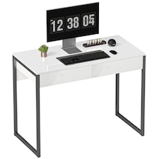 HOMCOM High Gloss Computer Desk with 2 Drawers, 100 x 50 cm Home Office Desk for Small Spaces, Modern Study Writing Table with Steel Legs, White and Black