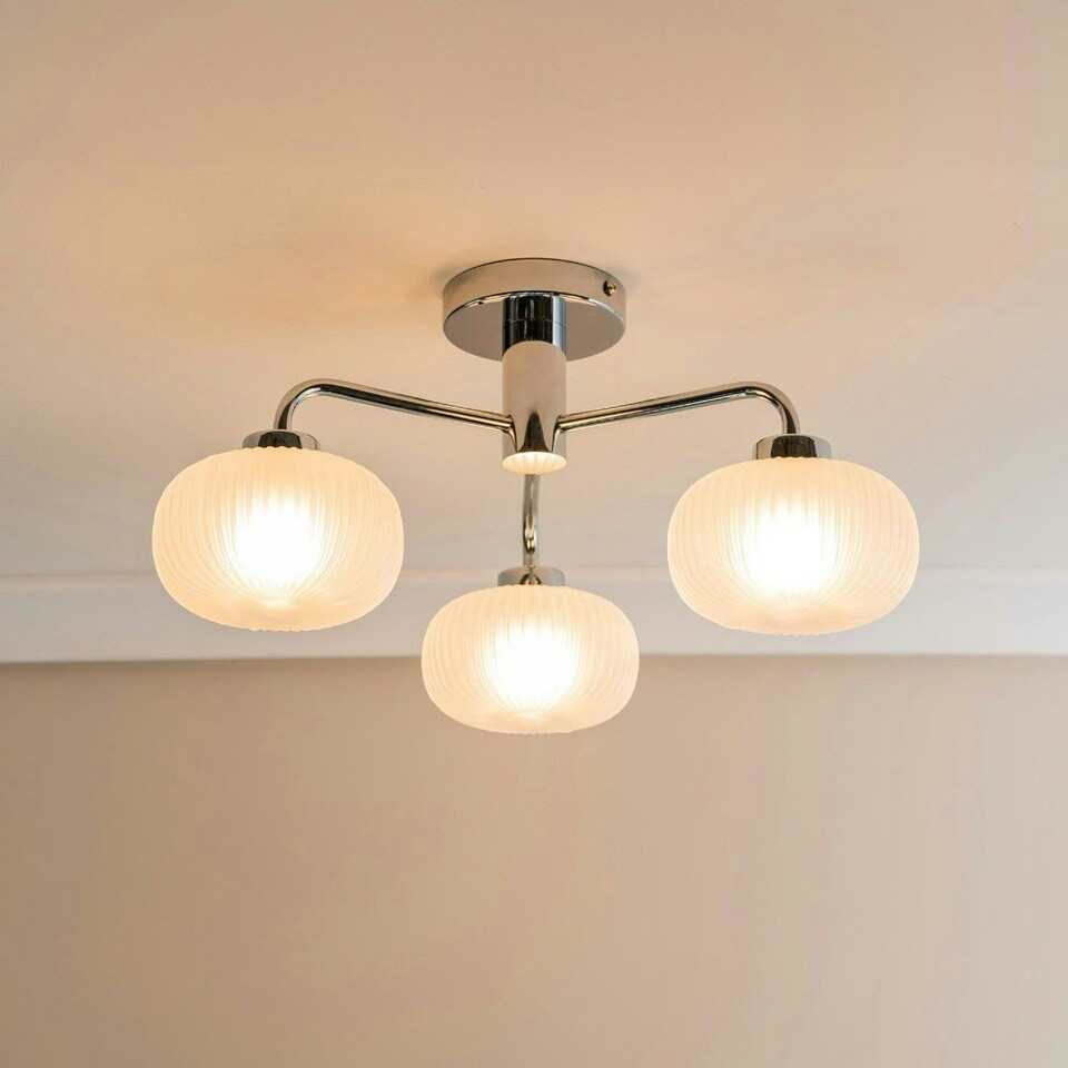 image 1 of ValueLights Amaia Chrome IP44 Rated 3 Way Frosted Ribbed Glass Ceiling Light with LED Bulbs