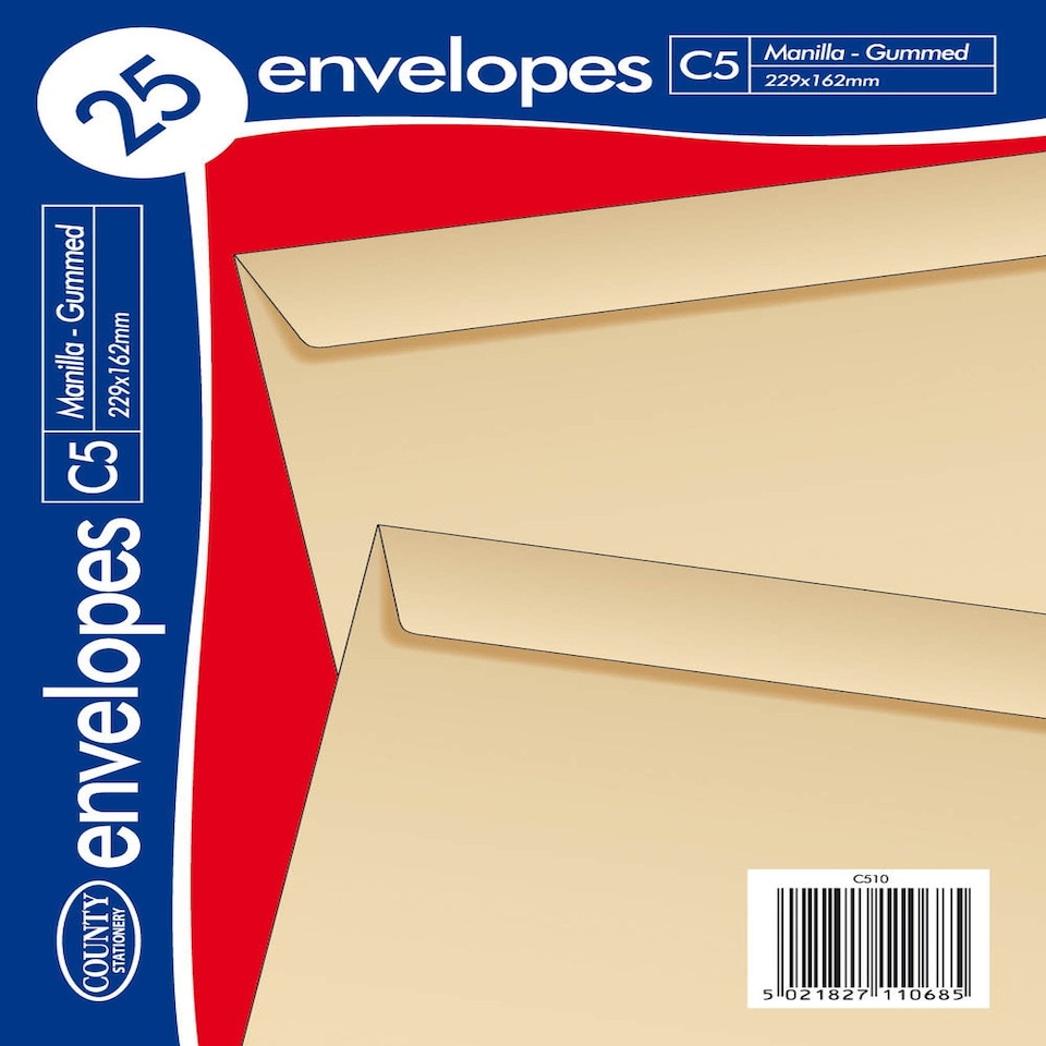 image 1 of C5 Manilla Gummed Envelopes = pack 25 229 x 162mm