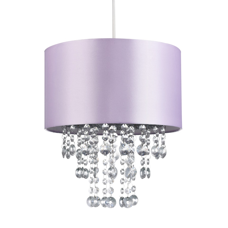 image 1 of Modern Lilac Satin Fabric Pendant Light Shade with Transparent Acrylic Droplets | Purple