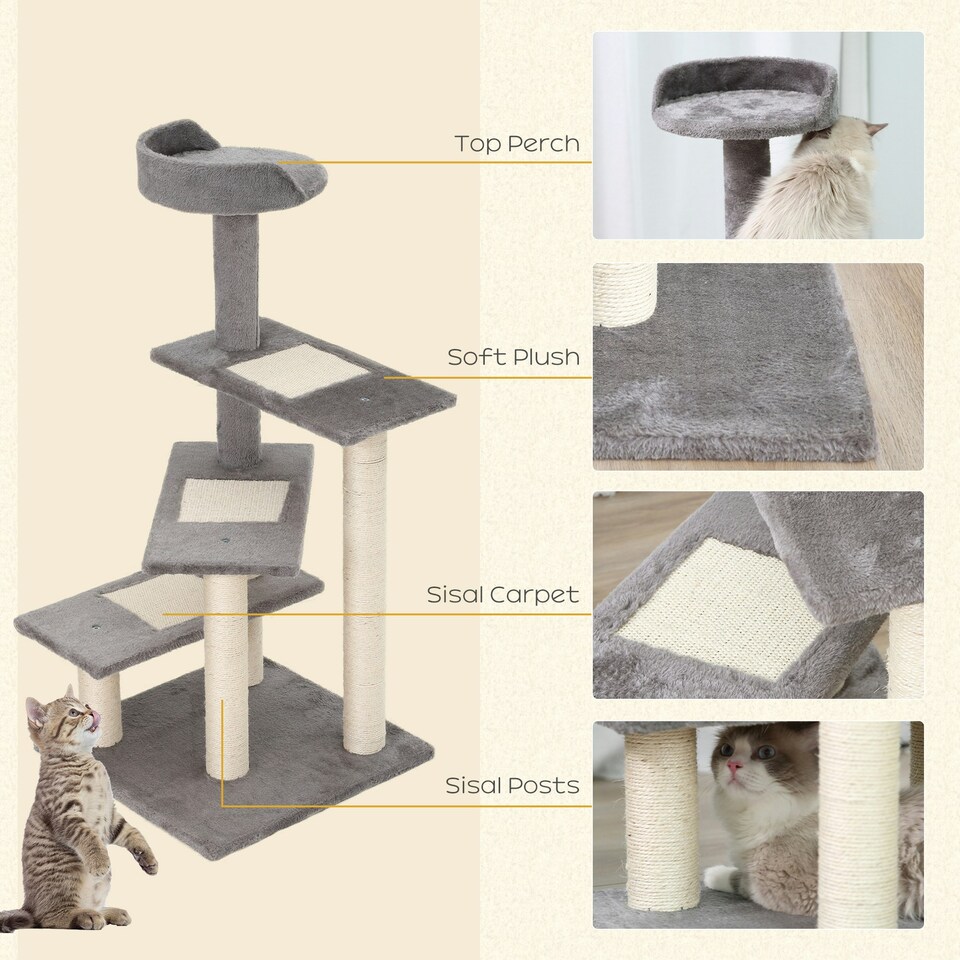 image 1 of PawHut Cat Tree 100cm Indoor Kitten Scratching Post Activity Centre, Grey