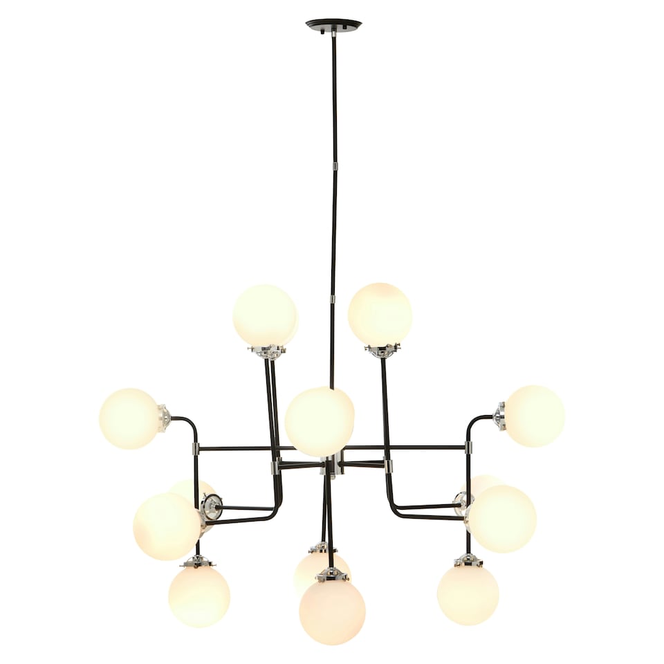 image 1 of Interiors by Premier Black and Chrome 16 Arm Pendant Light, Modern Spherical Glass Ceiling Fixture, Head Design with White Shades