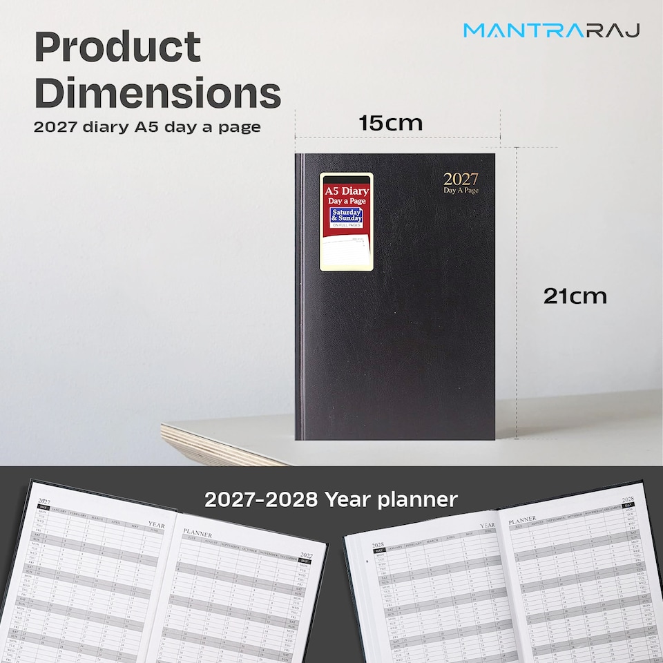 image 1 of MantraRaj 2027 Diary A5 Day a Page Hardback Casebound Cover Desk Diary Organiser Planner Black